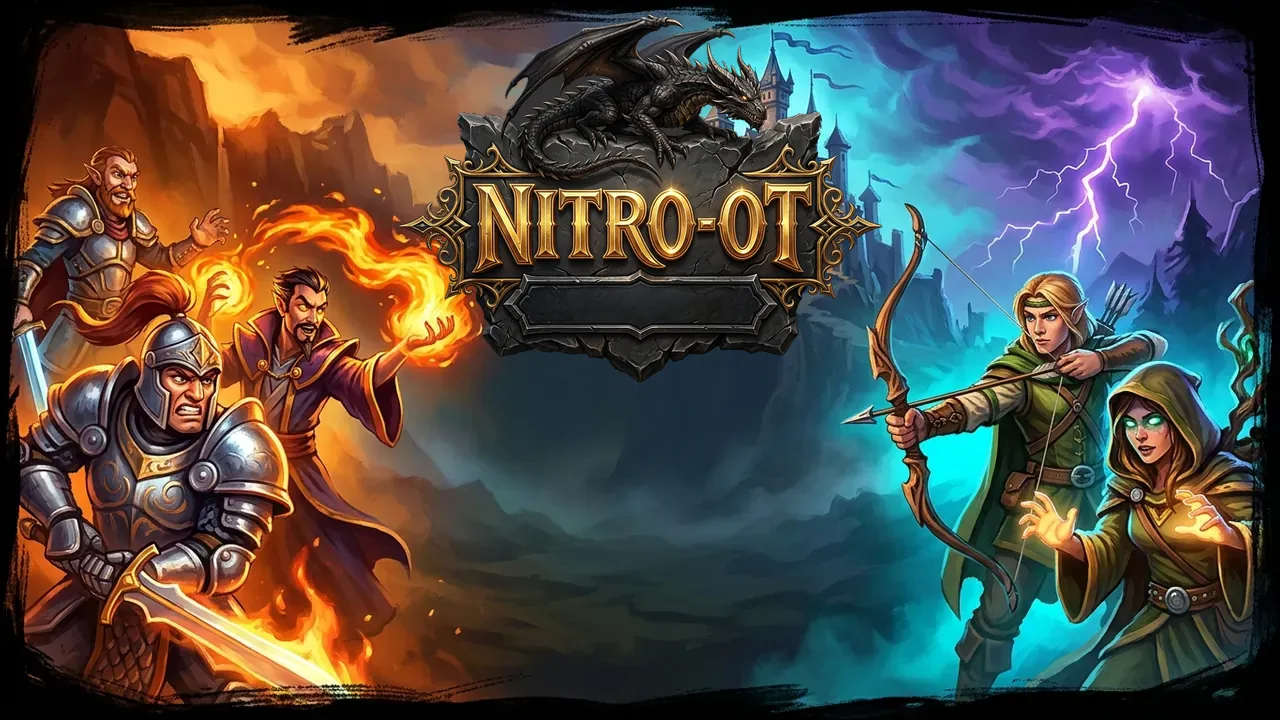 NITRO-OT key art: warriors, mages and archers in front of a castle under a storm